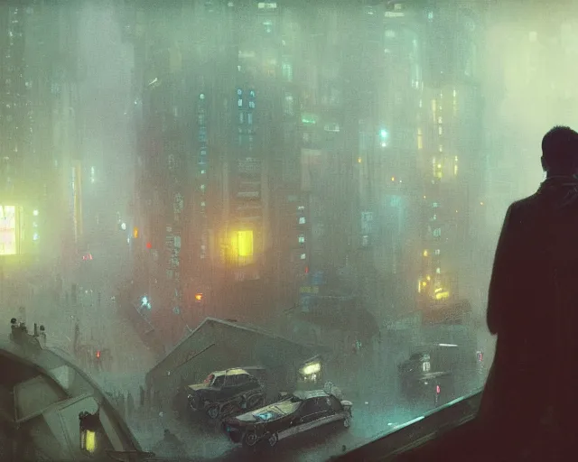 Image similar to 2 0 1 8 blade runner movie still man look at the cityscape from roof perfect face fine realistic face pretty face neon puffy jacket blue futuristic sci - fi elegant by denis villeneuve tom anders zorn hans dragan bibin thoma greg rutkowski ismail inceoglu illustrated sand storm alphonse mucha