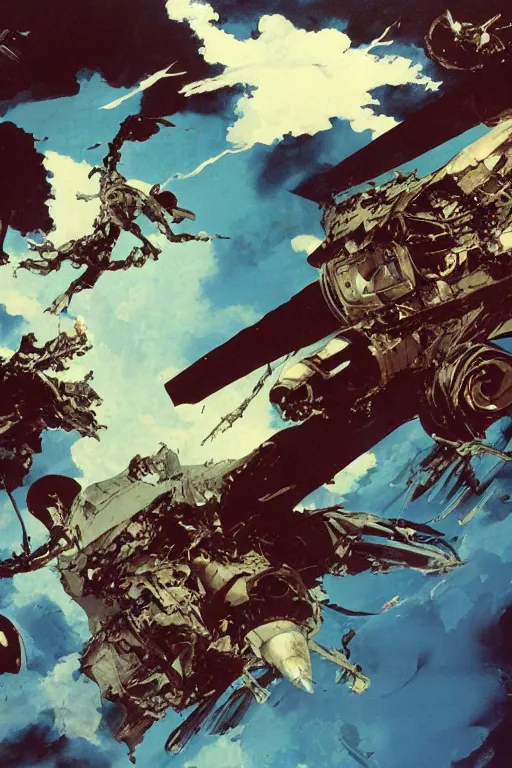 Prompt: full page illustration, tetsuo rips apart a russian jet fighter, blue sky, fish eye lens, Katsuhiro Otomo, Phil hale, Ashley wood, Ilya repin, frank frazetta, 8k, hd, high resolution print