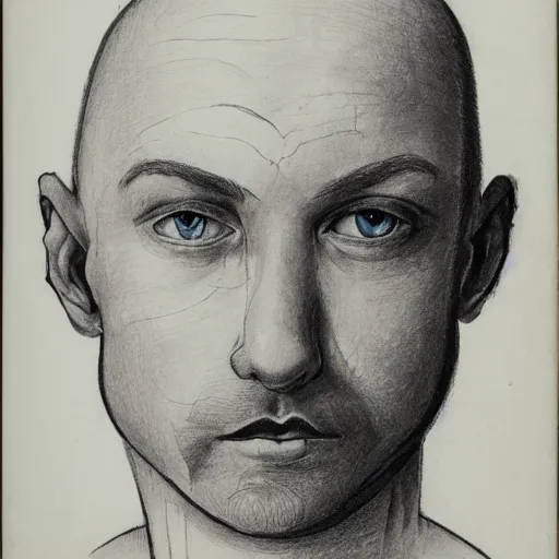 Prompt: portrait of bald short - bearded man with round face, small eyebrows, wide lips and kind blue eyes, minimalictic black and white, ink, pencil