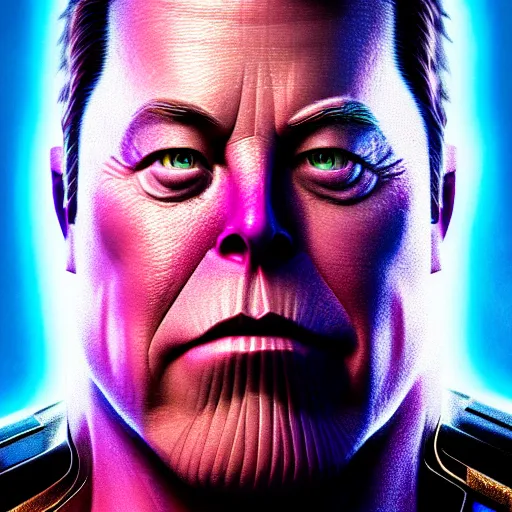 Image similar to a portrait of elon musk as thanos, the pixar adaptation, with same hairstyle, hyper detailed, digital art, trending in artstation, cinematic lighting, studio quality, smooth render, unreal engine 5 rendered, octane rendered