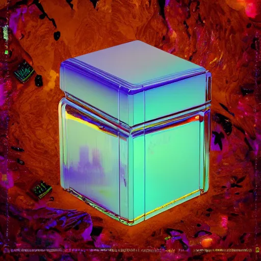 Image similar to transparent iridescent technological land square falcon milk nut chest, by simon bisley and georgia o'keeffe and mike winkelmann, groovy, seapunk, 4 k