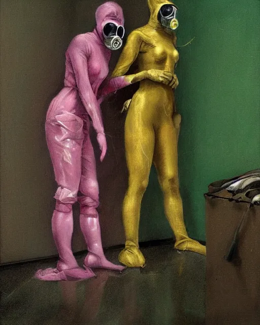 Prompt: three skinny figures wearing gas masks draped in silky gold, pink and green, in an abandoned hospital room with garbage on floor, outside a widow a storm rages, cinematic lighting, feeling of impending doom, gentle, depth of field, extremely detailed, in the style of Francis Bacon, Esao Andrews, Zdzisław Beksiński, Edward Hopper, surrealism, art by Takato Yamamoto and James Jean