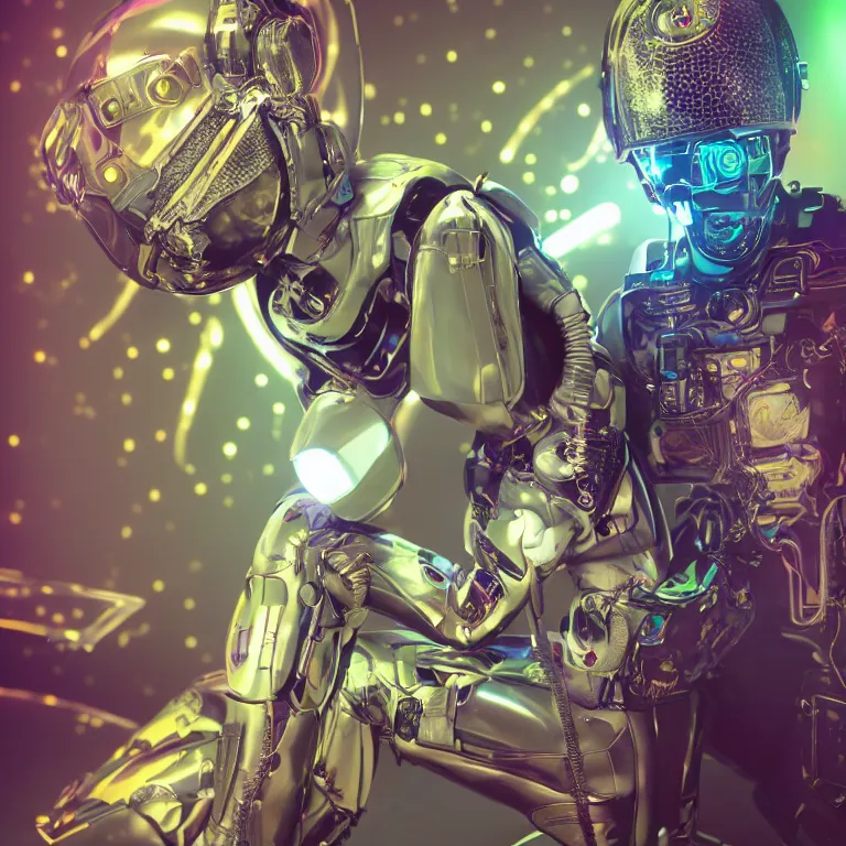 Image similar to high fashion photoshoot octane render portrait by wayne barlow and carlo crivelli and glenn fabry, subject is a robotic colorful neon glowing futuristic black ops tactical astronaut sitting in the corner of a high - end exotic colorful pastel vintage boutique hotel lounge, very short depth of field, bokeh