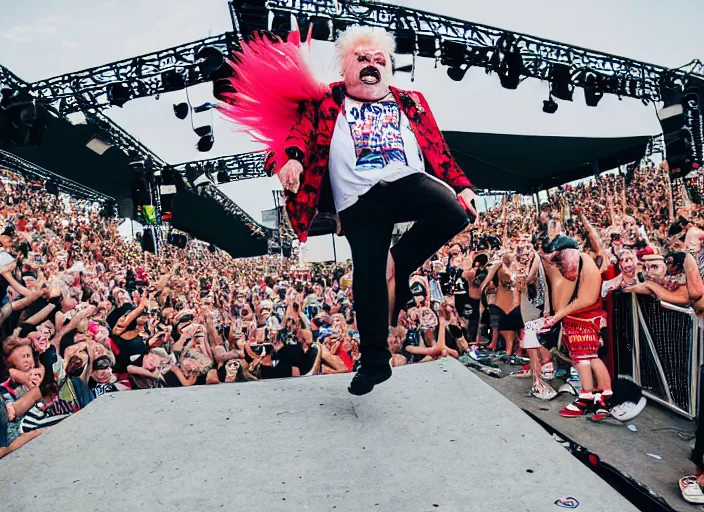 Image similar to photo still of rip taylor at vans warped tour!!!!!!!! at age 6 3 years old 6 3 years of age!!!!!!! stage diving at a crowd, 8 k, 8 5 mm f 1. 8, studio lighting, rim light, right side key light