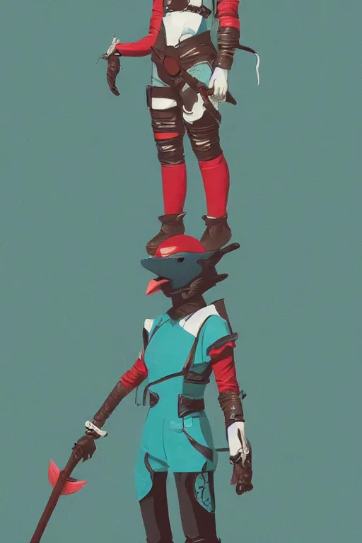 Image similar to female adventurer in tight full - body teal leather armor of japanese design with red accents and a white porcelain crow mask, trending in artstation, japanese, by simon stalenhag, establishing shot