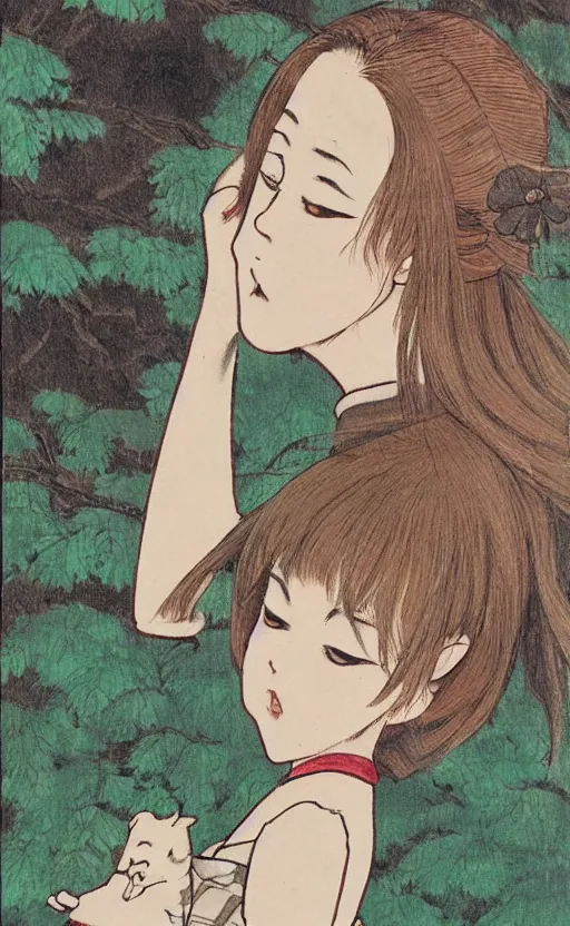 Image similar to by akio watanabe, manga art, small boar is curios about girl with brown hair sitting in forest, trading card front, kimono, realistic anatomy