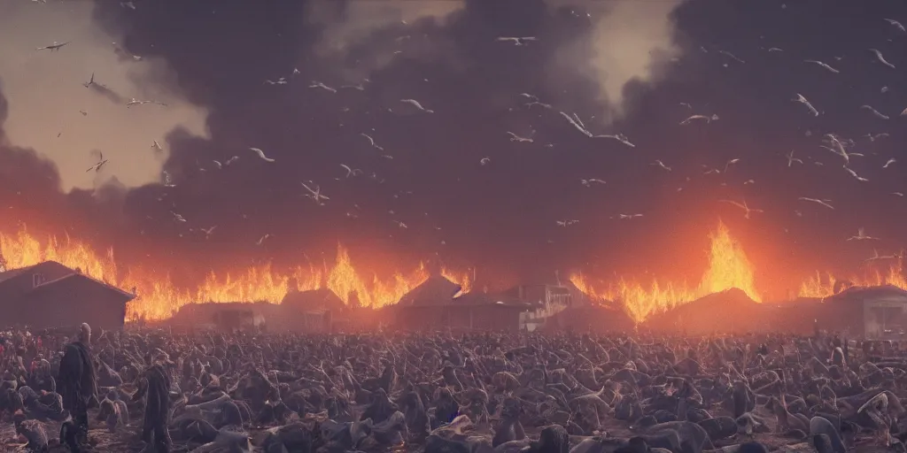 Prompt: realistic cinematic views of a orwellian propaganda festival with fires in the background and dead seagulls falling from the sky, hyper detailed, terror glows, hyper realistic, digital painting, 8 k, 3 5 mm film grain, octane render