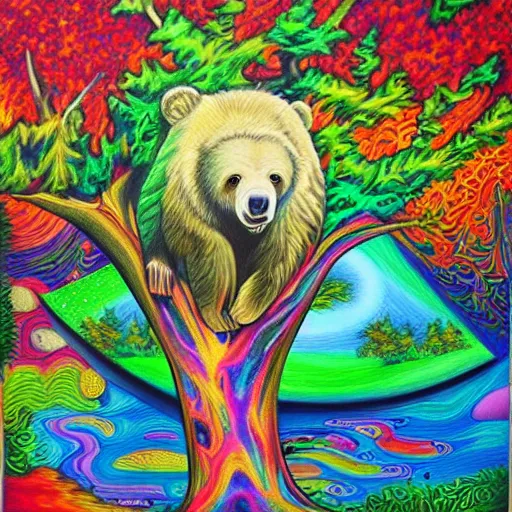 Image similar to a painting of a bear in a tree, an airbrush painting by lisa frank, trending on deviantart, psychedelic art, detailed painting, airbrush art, acrylic art