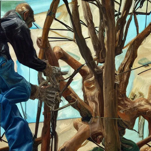 Image similar to high quality high detail painting by lucian freud and jenny saville, hd, cutting a redwood tree, turquoise