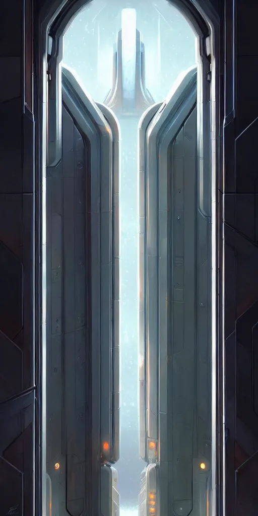 Image similar to hyper realistic art - deco sci - fi double door by jordan grimmer, darek zabrocki