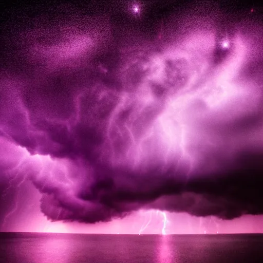 Image similar to purple color lighting storm with stormy sea, pirate ship firing its cannons real life trippy nebula sky 50mm shot