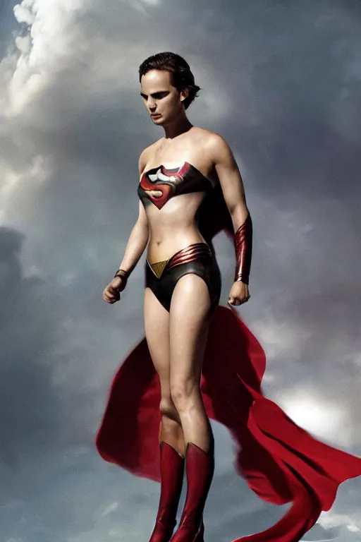 Image similar to a close up of Man of Steel flying cast as Natalie Portman by Greg Rutkowski, full body shot