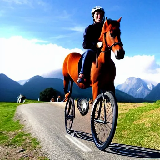 Prompt: horse bicycle!!!, cycling!!, anthropomorphic!!!!!, mountains, humanlike, award winning photo,