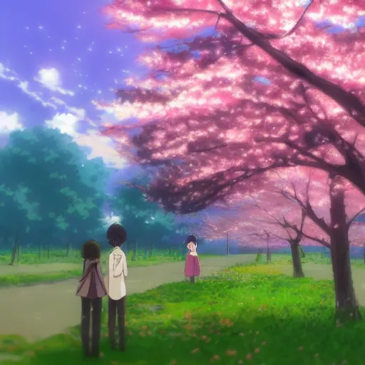 Prompt: Field full of cherry blossoms, Makoto Shinkai and Hayao Miyazaki style,