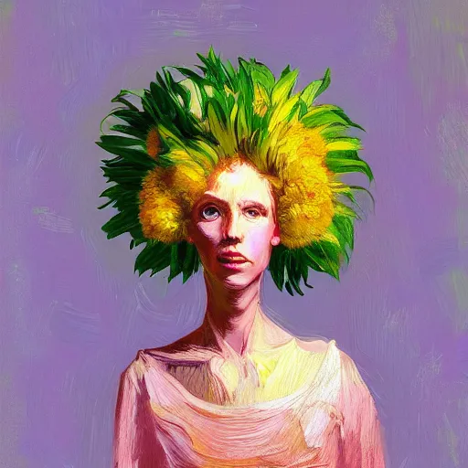 Image similar to giant flower head, woman in a luxury apartment, surreal, dramatic light, impressionist painting, digital painting, artstation, van gogh