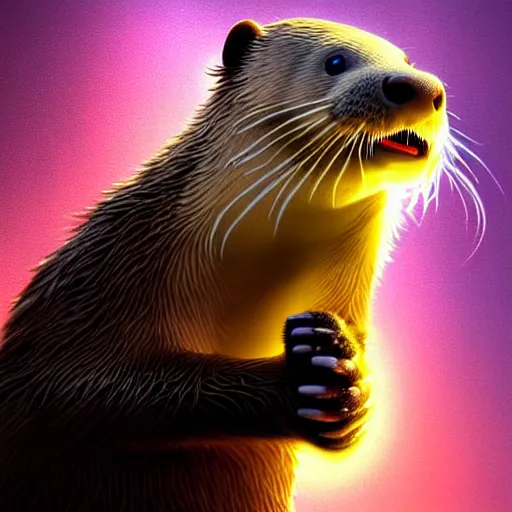 Prompt: selfie of a cute anthropomorphized otter raising its arms, fluffy fur, flames in background, stunning 3 d render inspired art by greg rutkowski and xiang duan and thomas eakes, realistic, highly detailed attributes and atmosphere, dim volumetric cinematic lighting, 8 k octane detailed render, post - processing, masterpiece, vignette, soft focus, vibrant colors