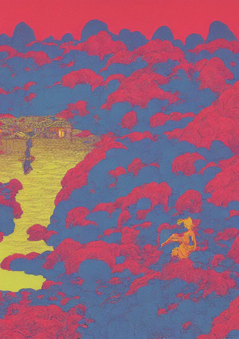 Prompt: a paper blotter tab of LSD acid melting into a surreal psychedelic hallucination, risograph, screenprint by kawase hasui, moebius, Edward Hopper and James Gilleard, Zdzislaw Beksinski, Steven Outram colorful flat surreal design, hd, 8k, artstation