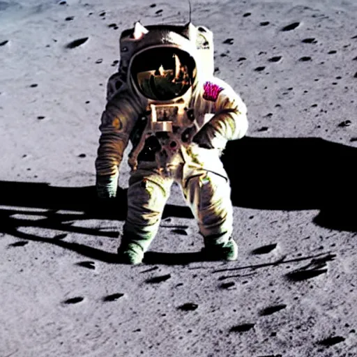 Image similar to a far away photo of a cat in a spacesuit designed for a cat walking on the surface of the moon, photorealistic