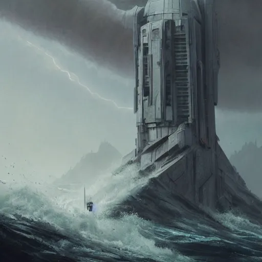 Image similar to star wars concept art by greg rutkowski, a brutalist giant tower in the middle of a raging and stormy ocean, lightning storm and gale force winds, dark environment, dramatic atmosphere, artstation hq.