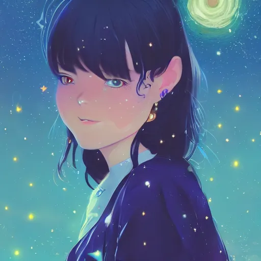 Image similar to portrait of a beautiful girl with dark hair in magical girl fashion, a starry night background, rich vivid colors, ambient lighting, dynamic lighting, 4k, official media, anime key visual, makoto shinkai, ilya kuvshinov, lois van baarle, rossdraws, detailed, trending on artstation