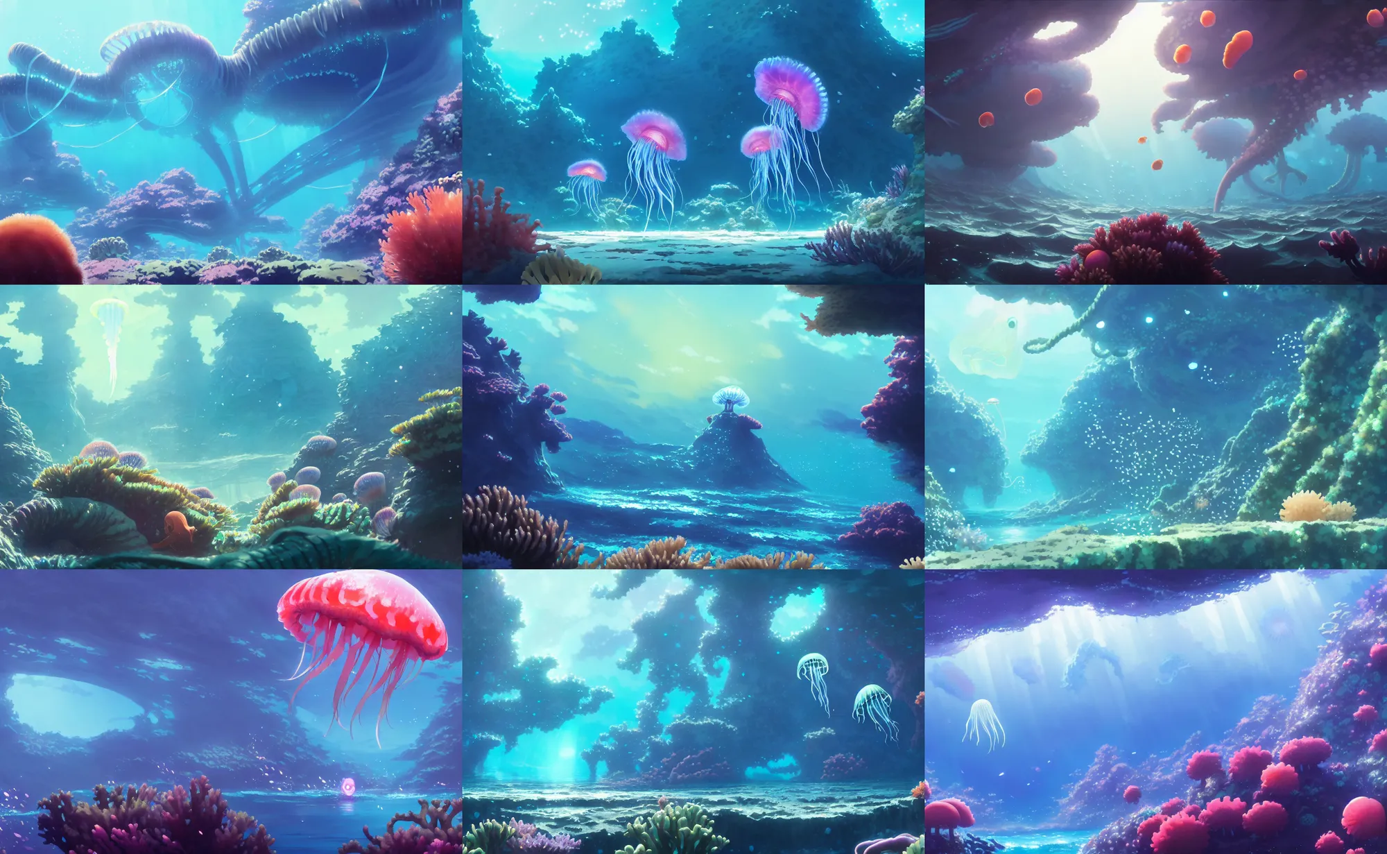 Prompt: an anime movie background matte painting of fish and glowing jellyfish a magical underwater ocean reef, tall kelp, sea floor, coral, anemones, seaweed, by makoto shinkai, james gurney, and greg rutkowski, trending on artstation, highly detailed