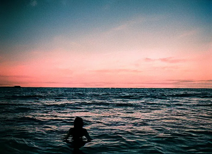 Image similar to photography, woman swimming in ocean at night, 35mm film,