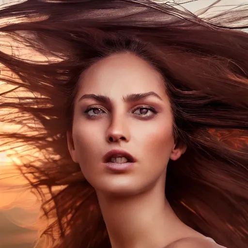 Image similar to closeup portrait of a stunningly beautiful female, silk in the wind at sunset, fashion photoshoot, by edward robert hughes, annie leibovitz and steve mccurry, david lazar, jimmy nelsson, breathtaking, 8 k resolution, extremely detailed, beautiful, establishing shot, artistic, hyperrealistic, beautiful face, octane render