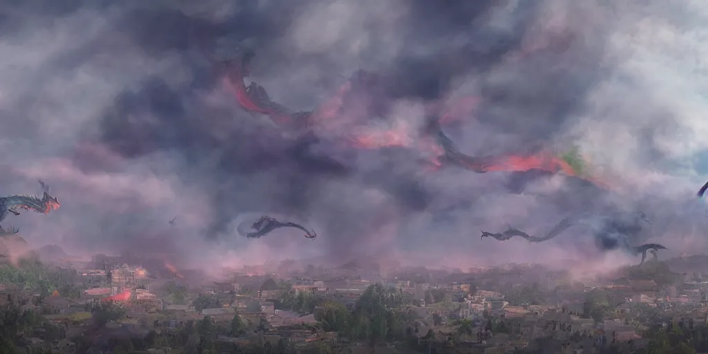 Prompt: muted colorful smoke, smoke shaped very vague dim smoky reminiscent (outline) of dragons racing with outstretched wings, smoke, distant villagescape in the distance, cgsociety, HDR