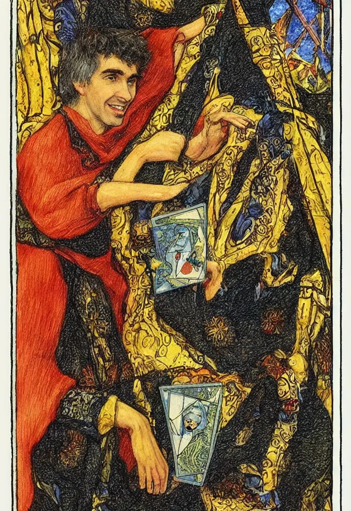 Image similar to Yoshua Bengio smiling on the Tarot card. Illustration by preraphaelists.