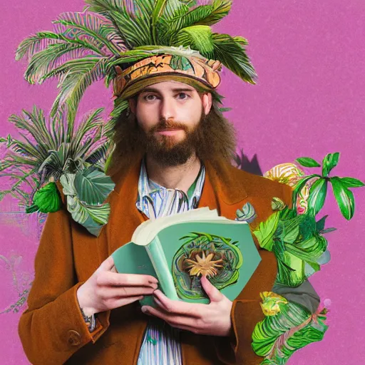 Image similar to HD 8x hyperdetailed illustrated collage portrait of a man with a maximalist hyperrealistic huge hat made of plants, reading a book. flamish baroque solarpunk elements. matte background in pastel tones.