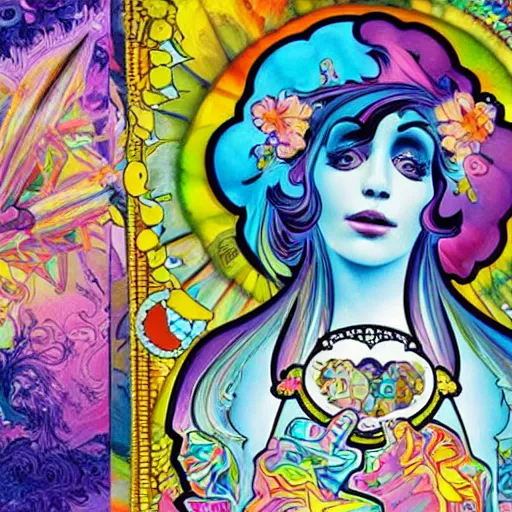 Image similar to how to get high, painted by lisa frank and alfons mucha