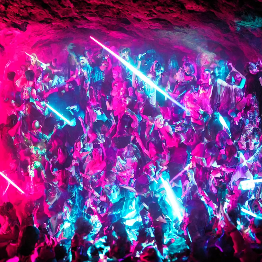 Image similar to cinematic shot of a goth disco in a cave, holographic knives!!! with pink lasers and blue crystals, brutal weapons!!! holographic knives!!! goth people dancing, dark evil ritual, 8 k photograph