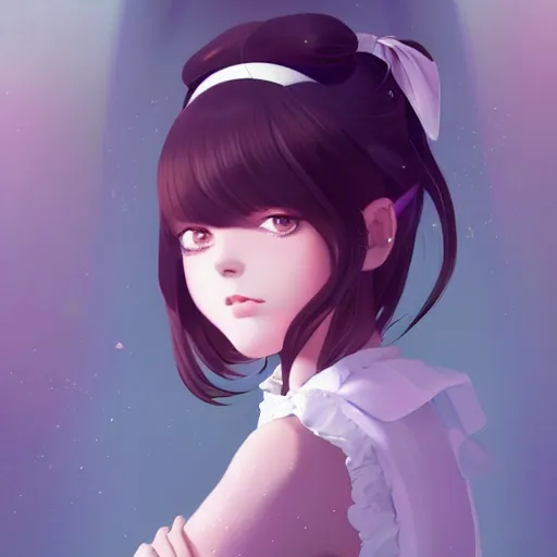 Image similar to portrait of brunette girl wearing maid uniform by ilya kuvshinov and anna dittmann and studio ghibli and wlop and rossdraws, digital art, trending on artstation, anime arts, featured on pixiv, purple lighting, hd, 8 k, highly detailed, good lighting, beautiful, epic, masterpiece, nazi chiq