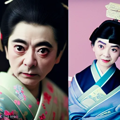 Prompt: rowan atkinson dressed as a traditional japanese woman, cinematic shot, dynamic lighting, close up, impressive winning photo, pastel colors