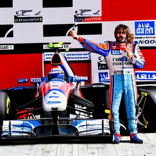 Image similar to high quality photograph of fernando alonso winning the formula 1 world championship together with flavio briatore