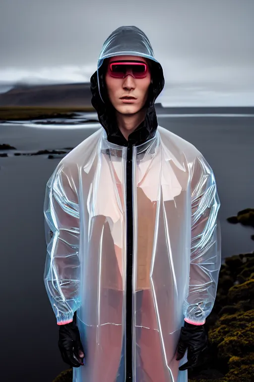 Image similar to an ultra high definition professional high fashion portrait studio full length photograph of a male model wearing a transparent pearlescent raincoat and neon visor in an icelandic black rock environment at dawn. no artefacts. extremely detailed. stark. refraction. shallow depth of field. volumetric light and shadow. ray tracing. light rays.