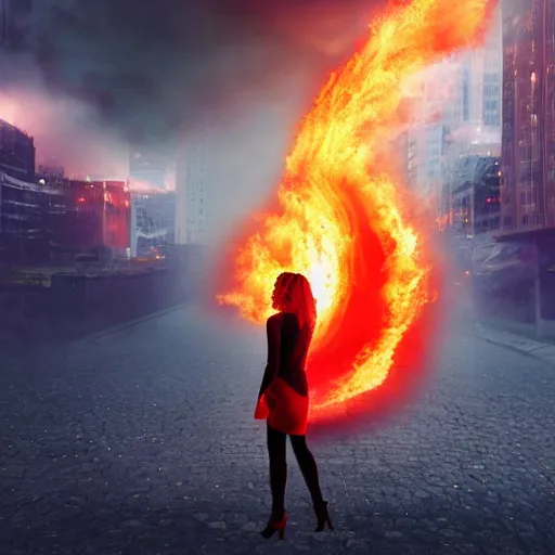 Image similar to a woman on fire, city on fire, giant, photoshop, sci - fi, creative and cool, photo manipulation, in another planet