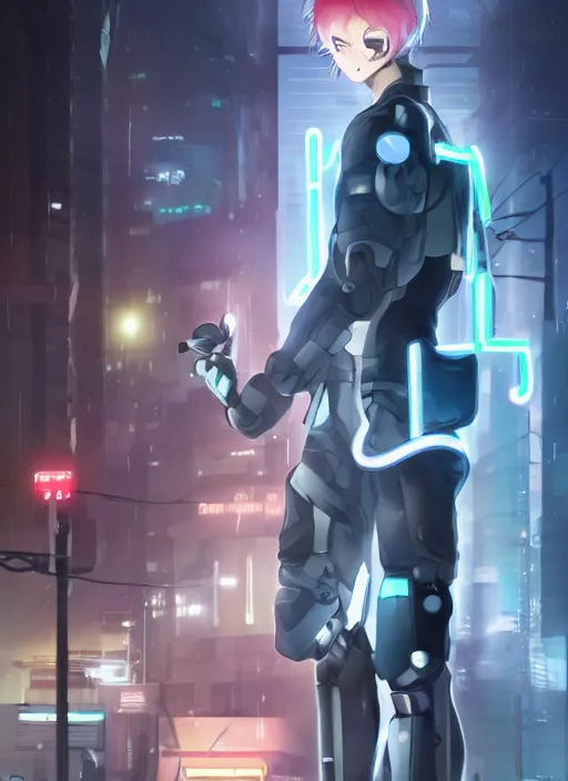 Image similar to Male cyborg, battle-damaged, wearing a school uniform, standing on neon-lit street corner”, full body shot, cyberpunk, Digital art, detailed, anime