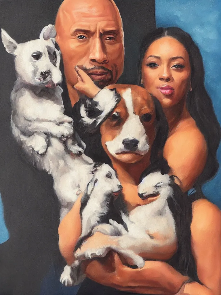 Image similar to “A beautiful oil painting of Megan-the-stallion holding a small dog with Dwayne Johnson’s head, trending on art station, digital art”