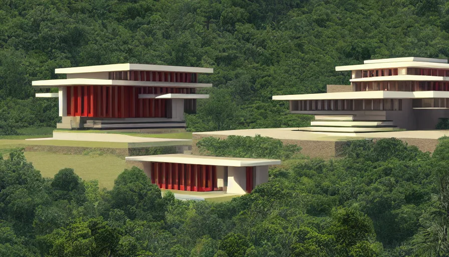 Image similar to modern temple house inspired by tibetan architecture, on a green hill, overlooking a valley with trees, frank lloyd wright, realistic render, birdseye view