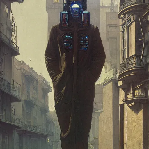 Image similar to portrait of masked cyberpunk scientist on the art deco streets of the Empire city, award-winning realistic sci-fi concept art by Beksinski, Bruegel, Greg Rutkowski, Alphonse Mucha, and Yoshitaka Amano