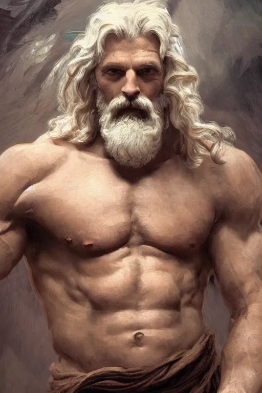 Prompt: painted portrait of rugged zeus, god of thunder, greek god, rugged, white hair, masculine, mature, handsome, upper body, muscular, hairy torso, fantasy, intricate, elegant, highly detailed, digital painting, artstation, concept art, smooth, sharp focus, illustration, art by gaston bussiere and alphonse mucha