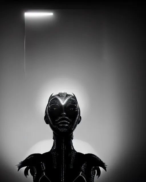 Prompt: black and white high quality photo of a female AI-queen-dragon-cyborg-doll looking into a sci-fi mirror, volumetric lighting, brutalism, foggy, dreamy, hyperdetailed, bokeh, photorealistic, cinematic, masterpiece, elegant, dark, in the style of Man Ray, octane render, 8K,