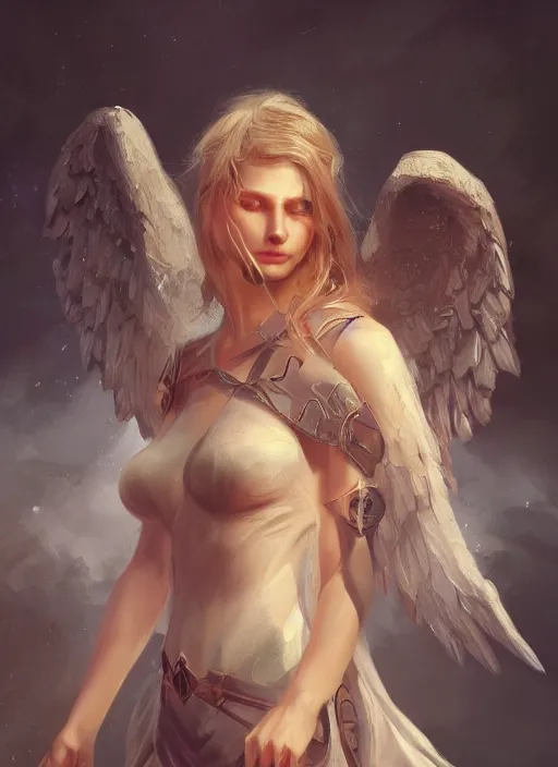 Image similar to beautiful 4 k female portrait, wolf, aasimar angel with wings, tarot card art, character concept art, oilpainting, cinematic lighting, trending in artstation, cgsociety, by wlop, artgerm