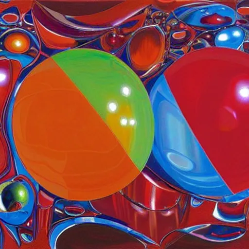 Prompt: chrome spheres on a red cube by alex janvier