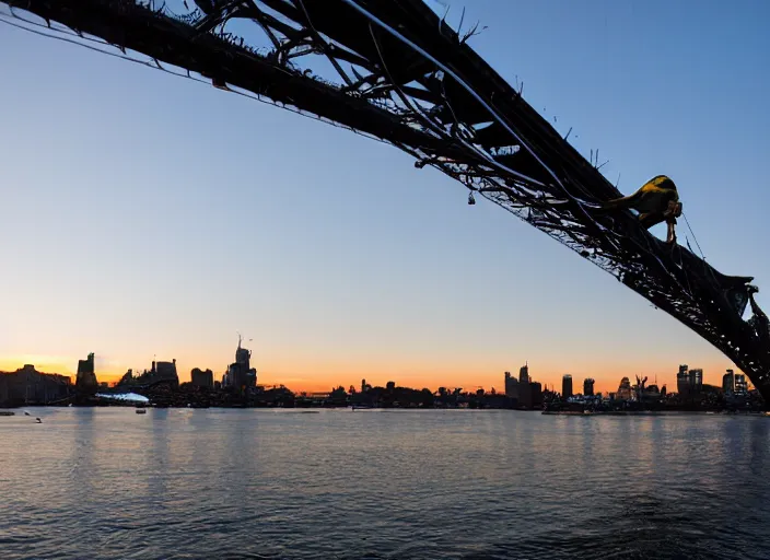 Image similar to A banana peele on the sidney harbour bridge, sunset