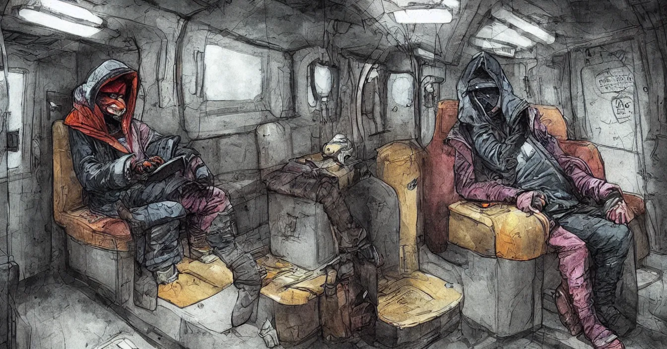 Image similar to Imagination of intelectual homeless fox with hood over head and old coat, sits on a dirty cold seat in a old cyberpunk subway car, cyberpunk 2077, amazing digital art