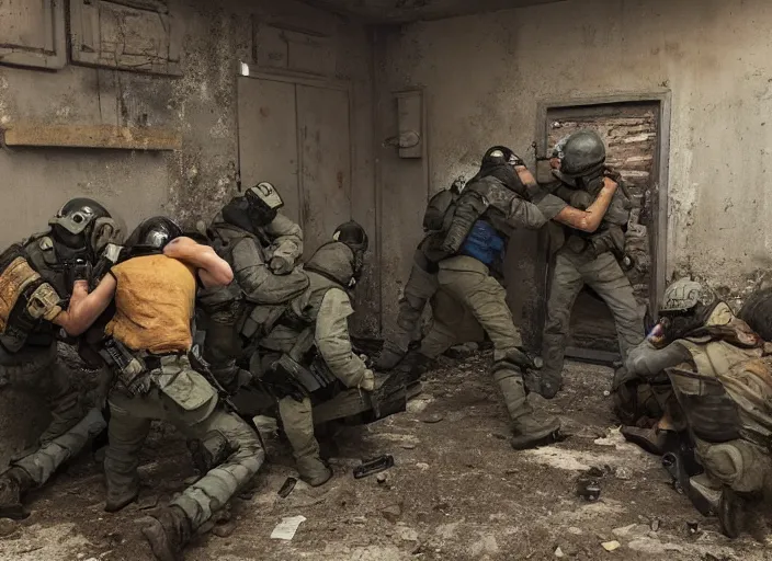 Image similar to Photo of a politzei raid on a squat, highly detailed, 4k, professional