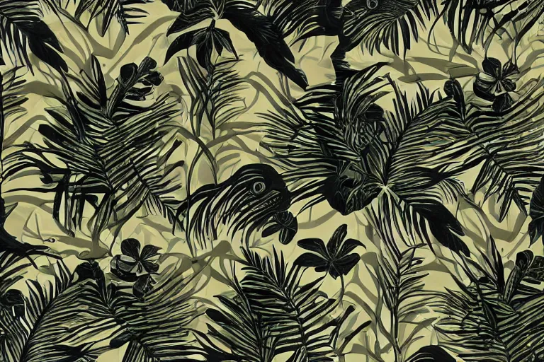 Prompt: exotic tropical print with beautiful and elegant elements perfect for a range of end products from fabrics, fashion, home decor to paper and wallpapers : : black background, art nouveau, trending on artstation