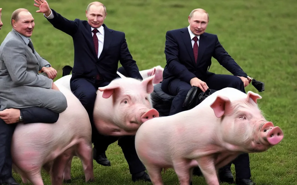 Prompt: vladimir putin riding on alexander lukashenka as pig